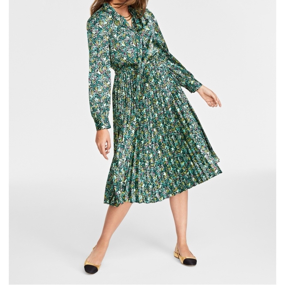 ON 34TH Women's Tie-neck Pleated Midi Dress Green Doves & Berries Sz Small